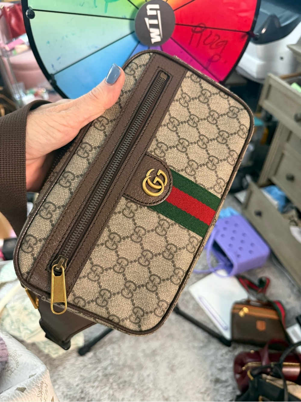 Gucci Beige Brown GG Canvas Belt Bag with Green-Red Web